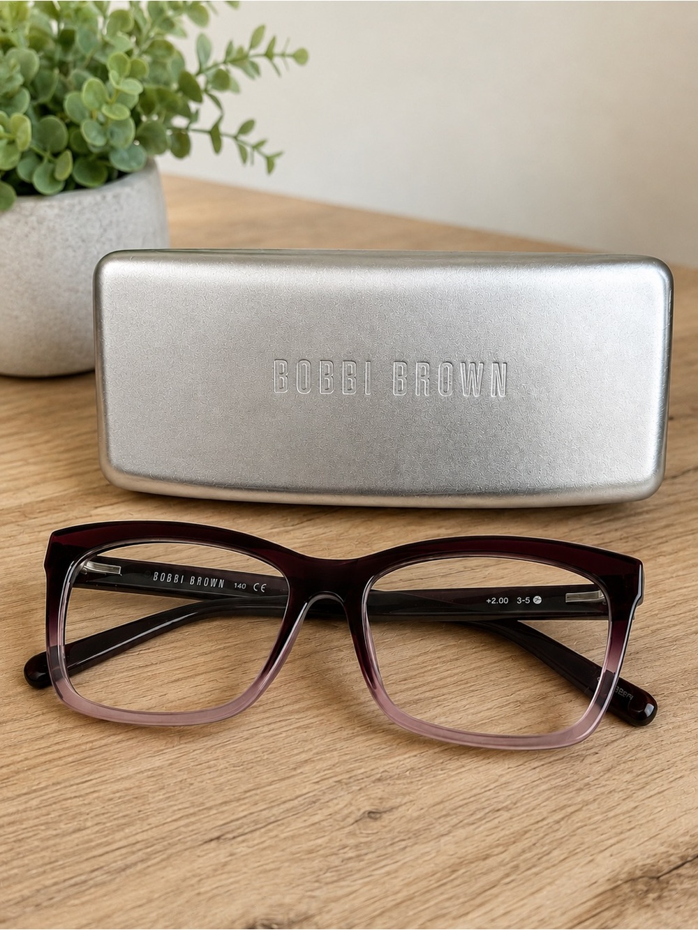 Bobbi Brown +2.00 Reading Glasses Burgundy Rose Ombre Square Frames w/ Case